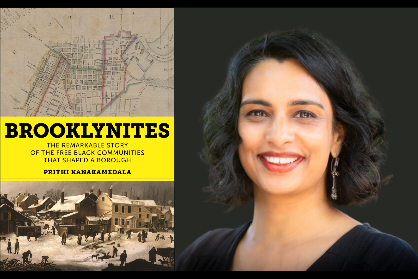 A cover of a book entitled Brooklynites next to an image of a woman smiling 